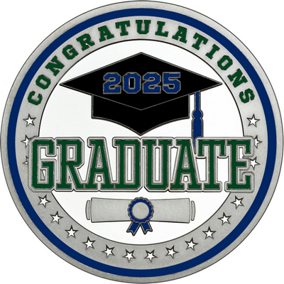 Dark Green "Congratulations Graduate" with Navy Blue 2025, Rim, Tassel & Ribbon